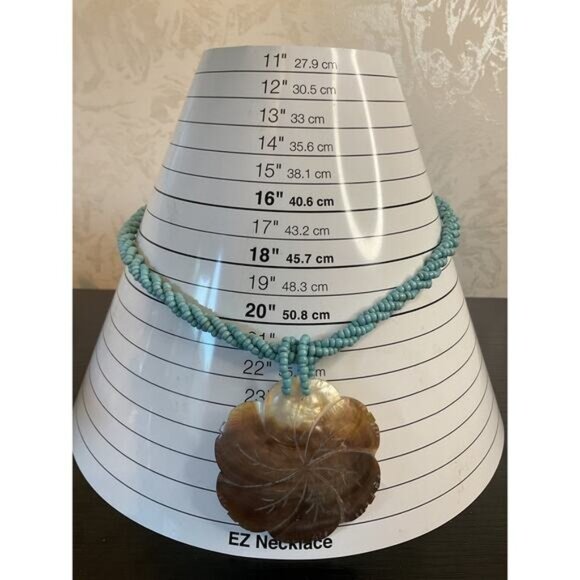 Handcrafted Turquoise Bead Necklace With Carved Shell Pendant - 18 Inch - Picture 6 of 6